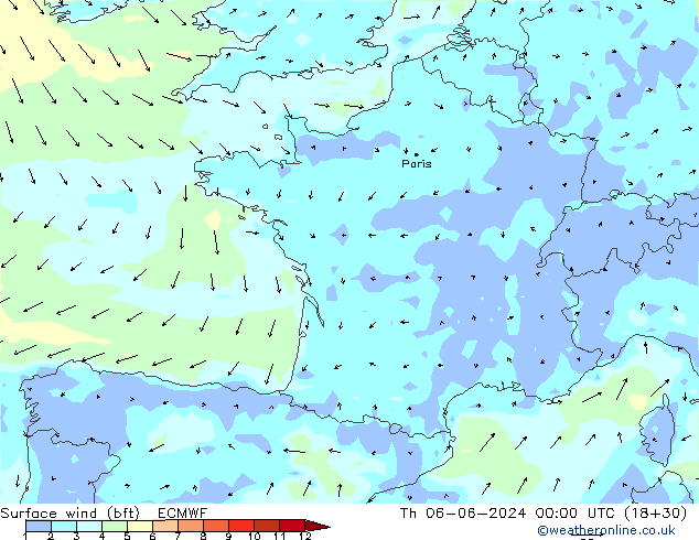 wiatr 10 m (bft) ECMWF czw. 06.06.2024 00 UTC