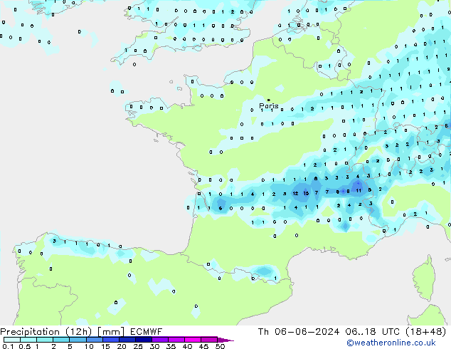 Precipitação (12h) ECMWF Qui 06.06.2024 18 UTC