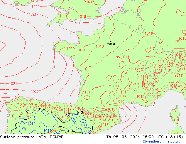 Presión superficial ECMWF jue 06.06.2024 15 UTC