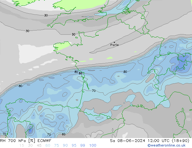 Humidité rel. 700 hPa ECMWF sam 08.06.2024 12 UTC