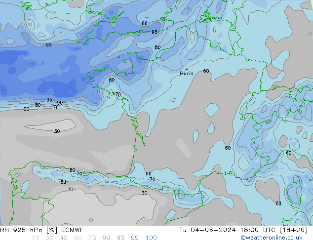 RH 925 hPa ECMWF Tu 04.06.2024 18 UTC