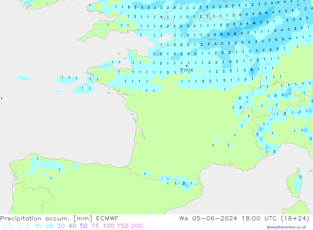 Precipitation accum. ECMWF We 05.06.2024 18 UTC