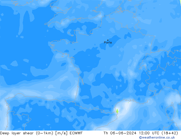 Deep layer shear (0-1km) ECMWF  06.06.2024 12 UTC