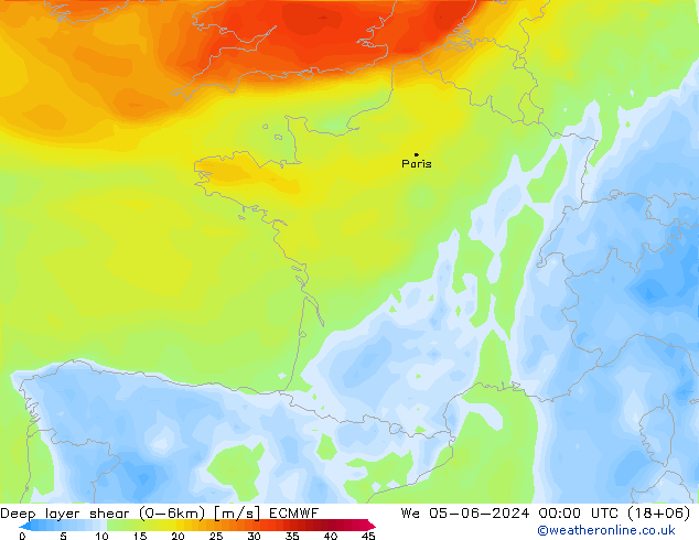 Deep layer shear (0-6km) ECMWF ср 05.06.2024 00 UTC