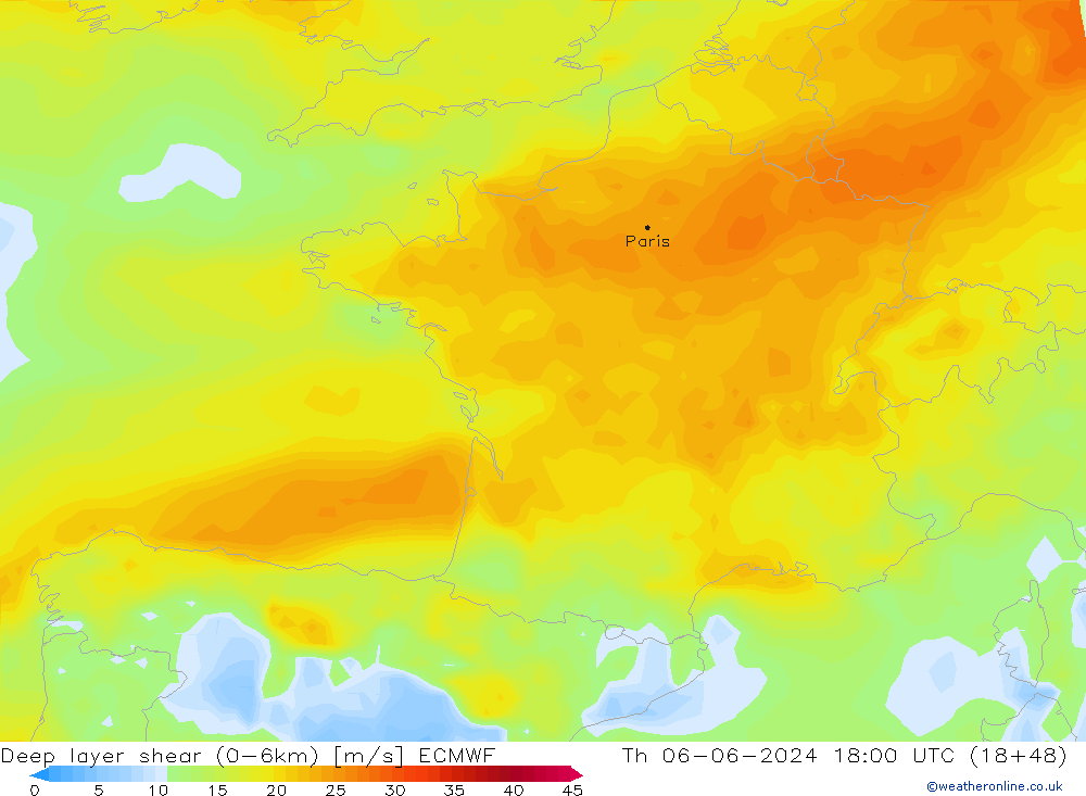 Deep layer shear (0-6km) ECMWF gio 06.06.2024 18 UTC