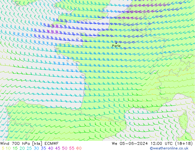 Wind 700 hPa ECMWF We 05.06.2024 12 UTC