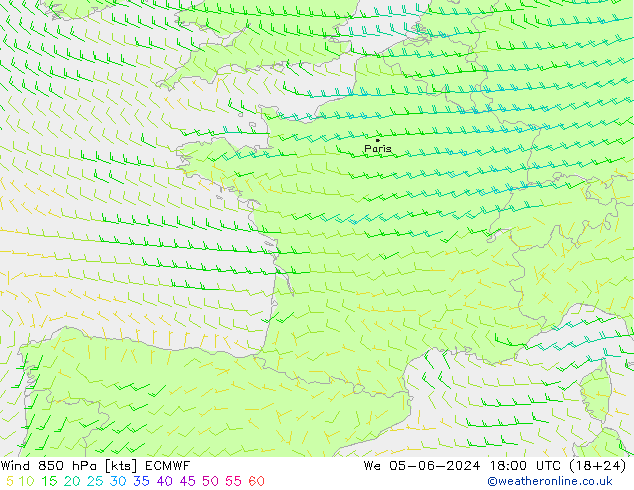 Viento 850 hPa ECMWF mié 05.06.2024 18 UTC