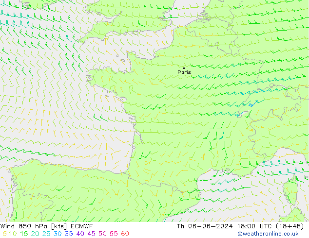 Vento 850 hPa ECMWF gio 06.06.2024 18 UTC