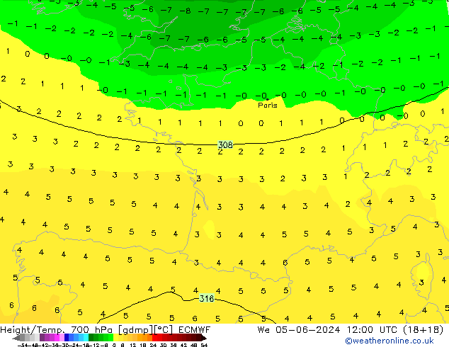 Height/Temp. 700 hPa ECMWF Qua 05.06.2024 12 UTC