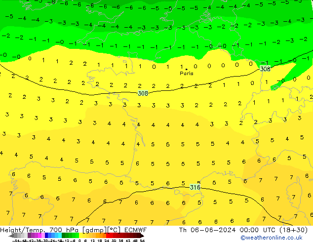 Height/Temp. 700 гПа ECMWF чт 06.06.2024 00 UTC