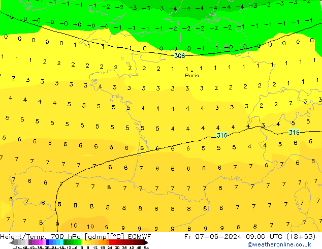 Height/Temp. 700 hPa ECMWF Pá 07.06.2024 09 UTC