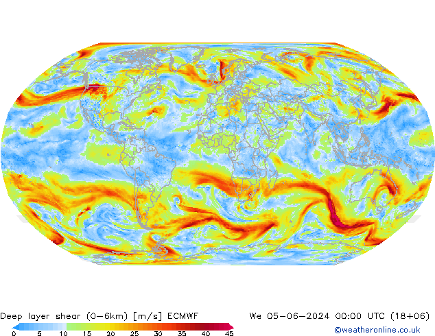 Deep layer shear (0-6km) ECMWF mié 05.06.2024 00 UTC