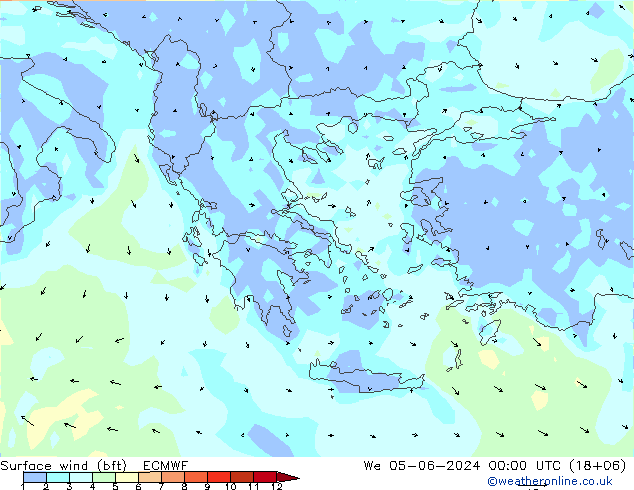 ве�Bе�@ 10 m (bft) ECMWF ср 05.06.2024 00 UTC