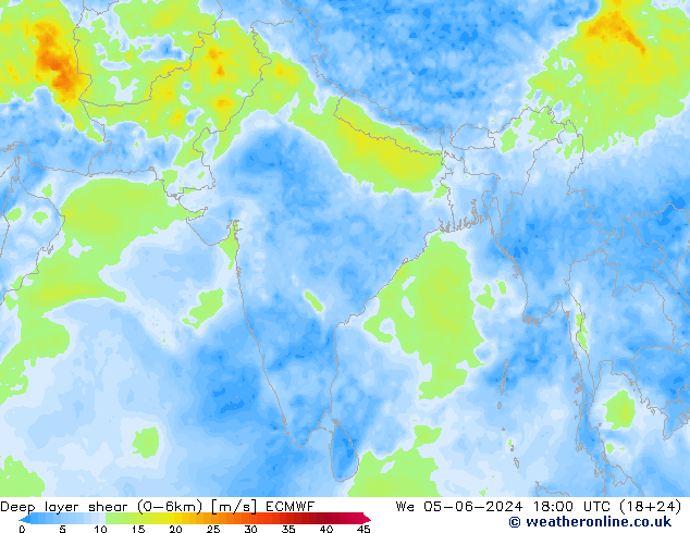 Deep layer shear (0-6km) ECMWF We 05.06.2024 18 UTC