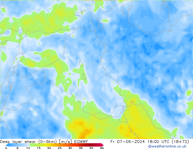 Deep layer shear (0-6km) ECMWF пт 07.06.2024 18 UTC