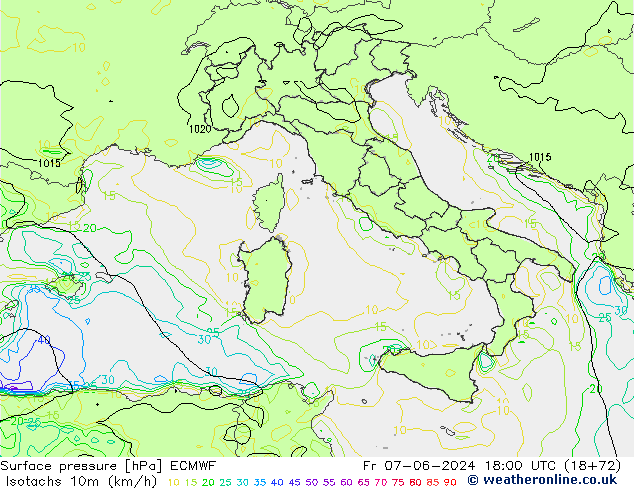 Izotacha (km/godz) ECMWF pt. 07.06.2024 18 UTC