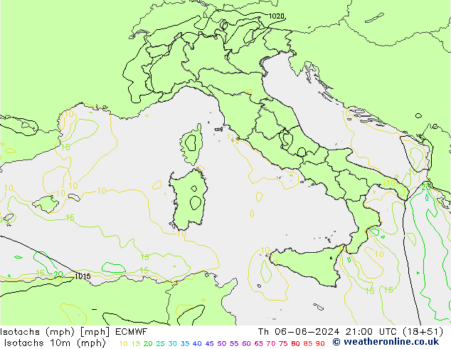 Isotaca (mph) ECMWF jue 06.06.2024 21 UTC