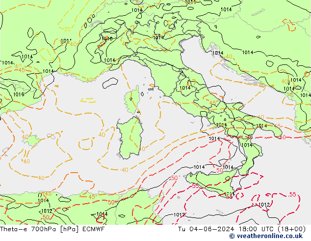 Theta-e 700hPa ECMWF mar 04.06.2024 18 UTC