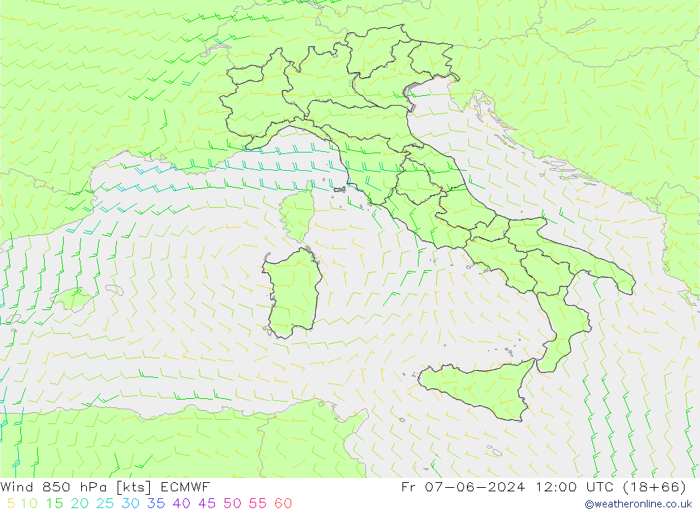 Rüzgar 850 hPa ECMWF Cu 07.06.2024 12 UTC