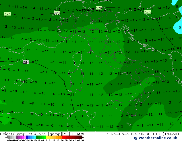 Z500/Rain (+SLP)/Z850 ECMWF Čt 06.06.2024 00 UTC