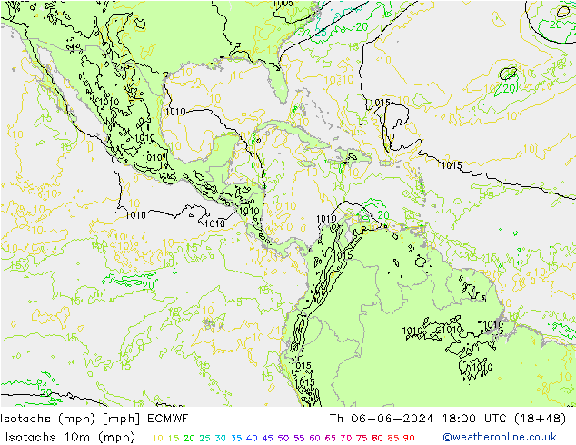 Isotachs (mph) ECMWF Čt 06.06.2024 18 UTC