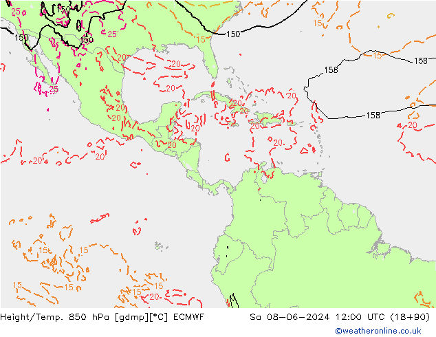 Hoogte/Temp. 850 hPa ECMWF za 08.06.2024 12 UTC