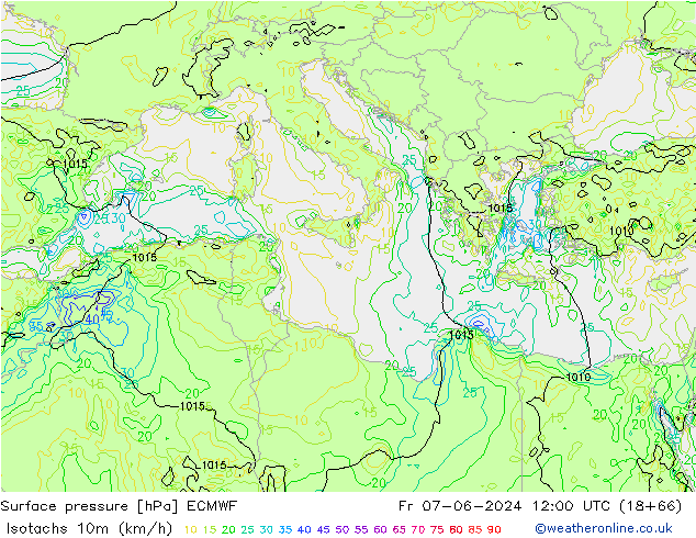 Isotachen (km/h) ECMWF Fr 07.06.2024 12 UTC