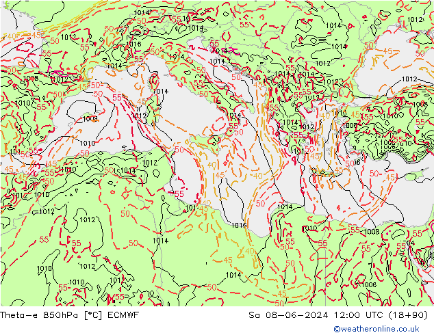 Theta-e 850hPa ECMWF so. 08.06.2024 12 UTC