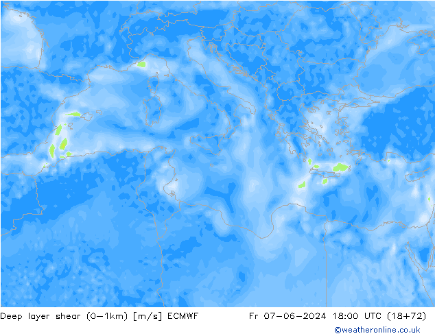 Deep layer shear (0-1km) ECMWF Cu 07.06.2024 18 UTC