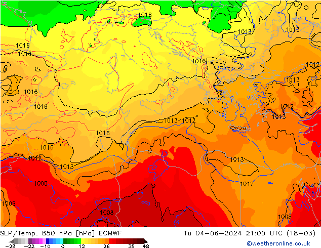 SLP/Temp. 850 hPa ECMWF Út 04.06.2024 21 UTC