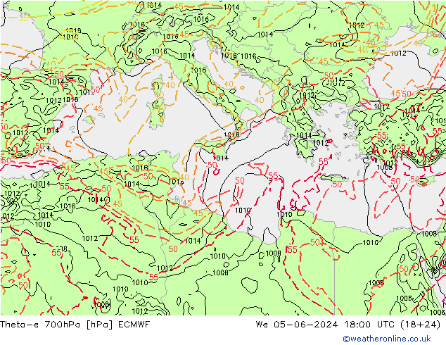 Theta-e 700hPa ECMWF mié 05.06.2024 18 UTC