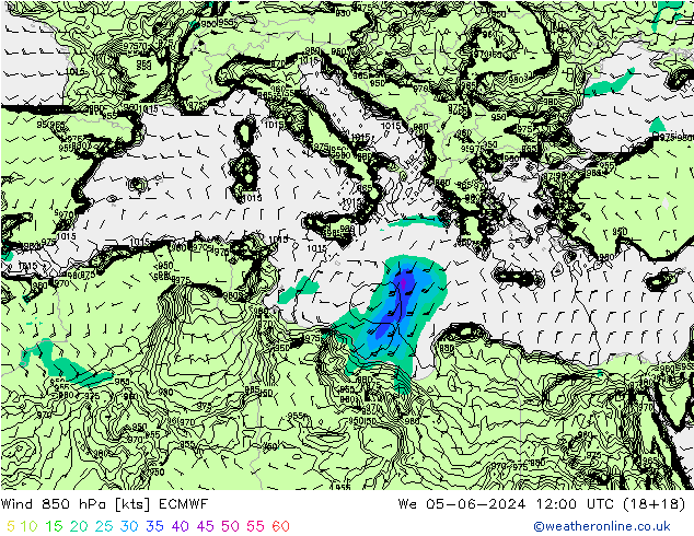 Vento 850 hPa ECMWF mer 05.06.2024 12 UTC