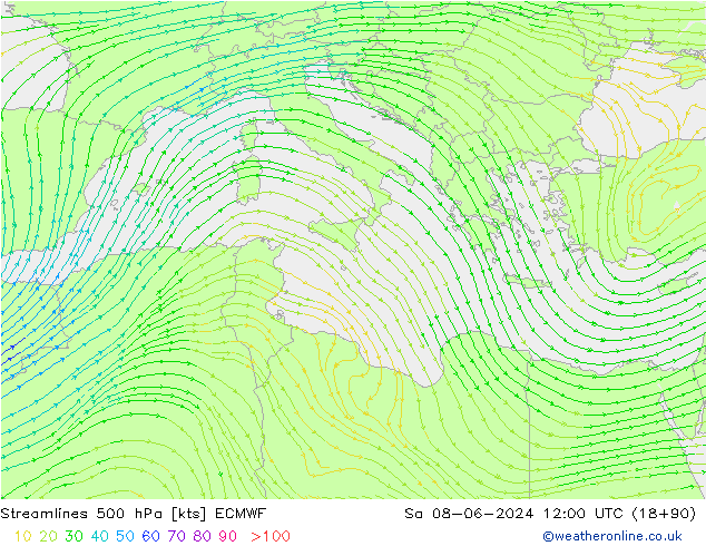 Linia prądu 500 hPa ECMWF so. 08.06.2024 12 UTC