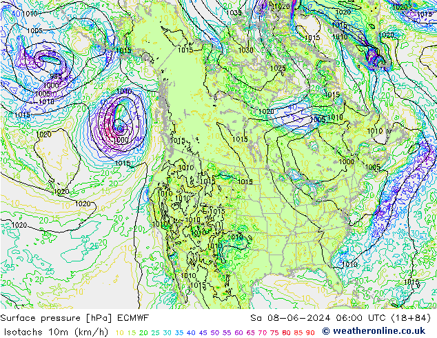 Isotachs (kph) ECMWF  08.06.2024 06 UTC