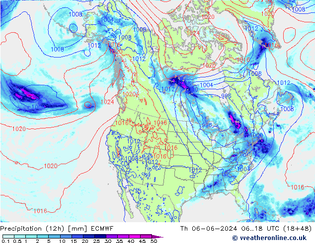 Precipitation (12h) ECMWF Čt 06.06.2024 18 UTC