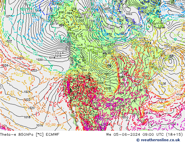 Theta-e 850hPa ECMWF mer 05.06.2024 09 UTC