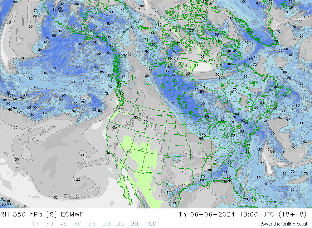 RH 850 hPa ECMWF Qui 06.06.2024 18 UTC