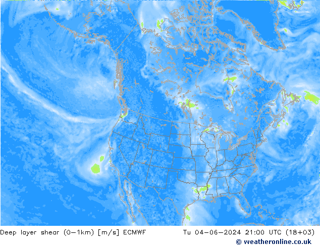 Deep layer shear (0-1km) ECMWF Di 04.06.2024 21 UTC