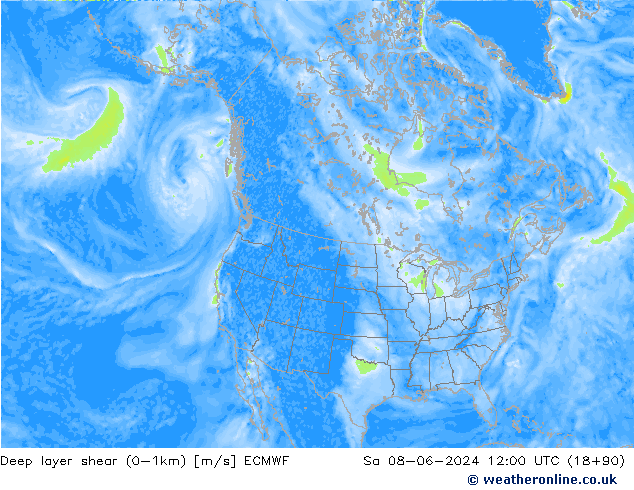 Deep layer shear (0-1km) ECMWF Sa 08.06.2024 12 UTC