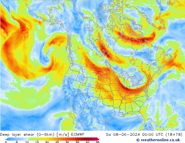 Deep layer shear (0-6km) ECMWF sam 08.06.2024 00 UTC