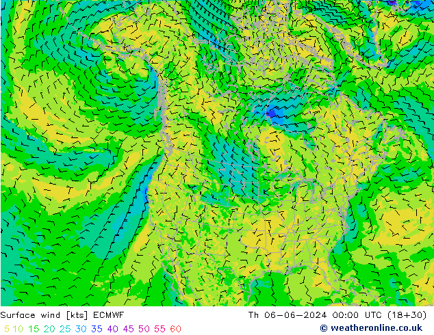 Vento 10 m ECMWF Qui 06.06.2024 00 UTC