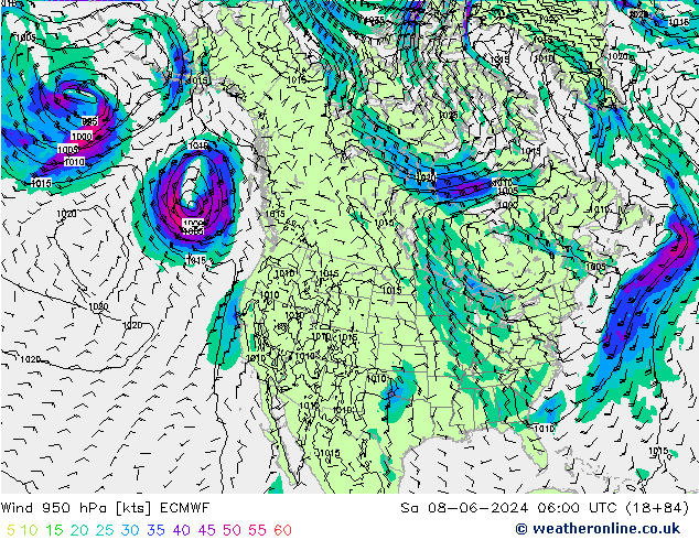 ветер 950 гПа ECMWF сб 08.06.2024 06 UTC