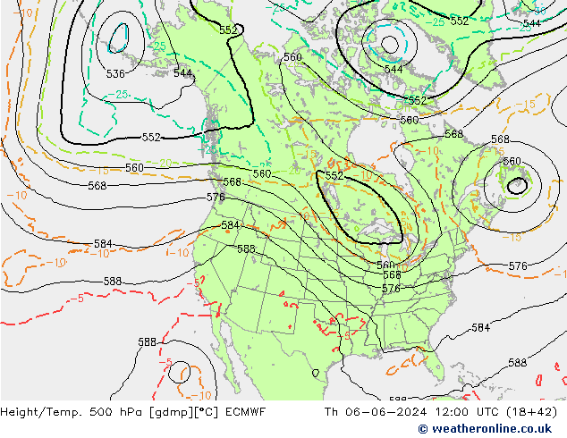 Z500/Rain (+SLP)/Z850 ECMWF Čt 06.06.2024 12 UTC