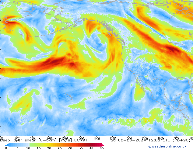 Deep layer shear (0-6km) ECMWF so. 08.06.2024 12 UTC