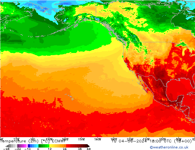 mapa temperatury (2m) ECMWF wto. 04.06.2024 18 UTC