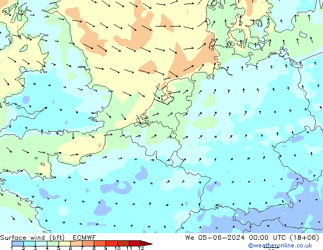 Surface wind (bft) ECMWF St 05.06.2024 00 UTC