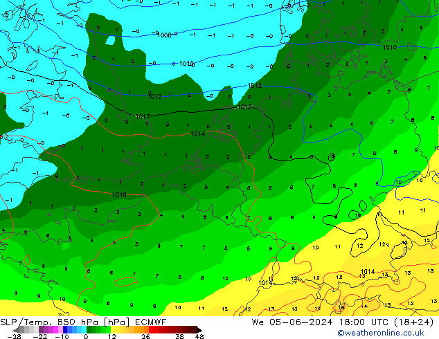 850 hPa Yer Bas./Sıc ECMWF Çar 05.06.2024 18 UTC