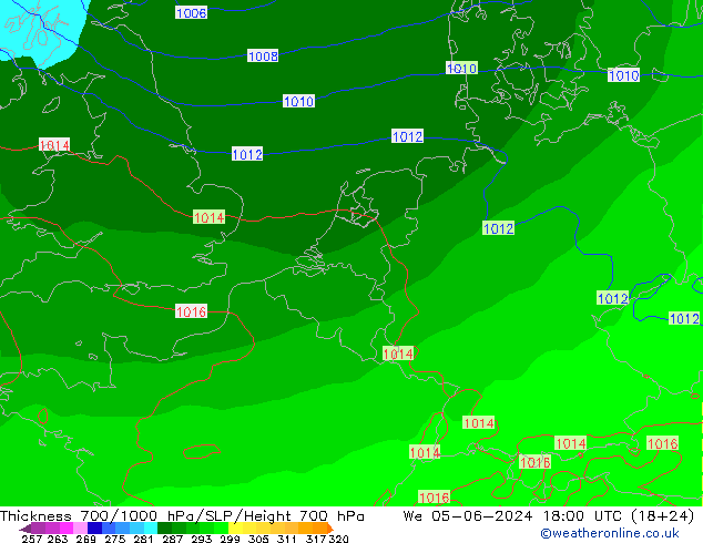 Thck 700-1000 hPa ECMWF Qua 05.06.2024 18 UTC