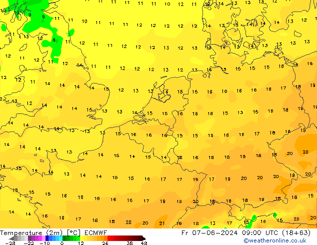 mapa temperatury (2m) ECMWF pt. 07.06.2024 09 UTC