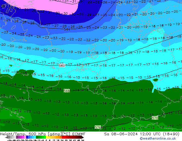 Height/Temp. 500 hPa ECMWF Sa 08.06.2024 12 UTC